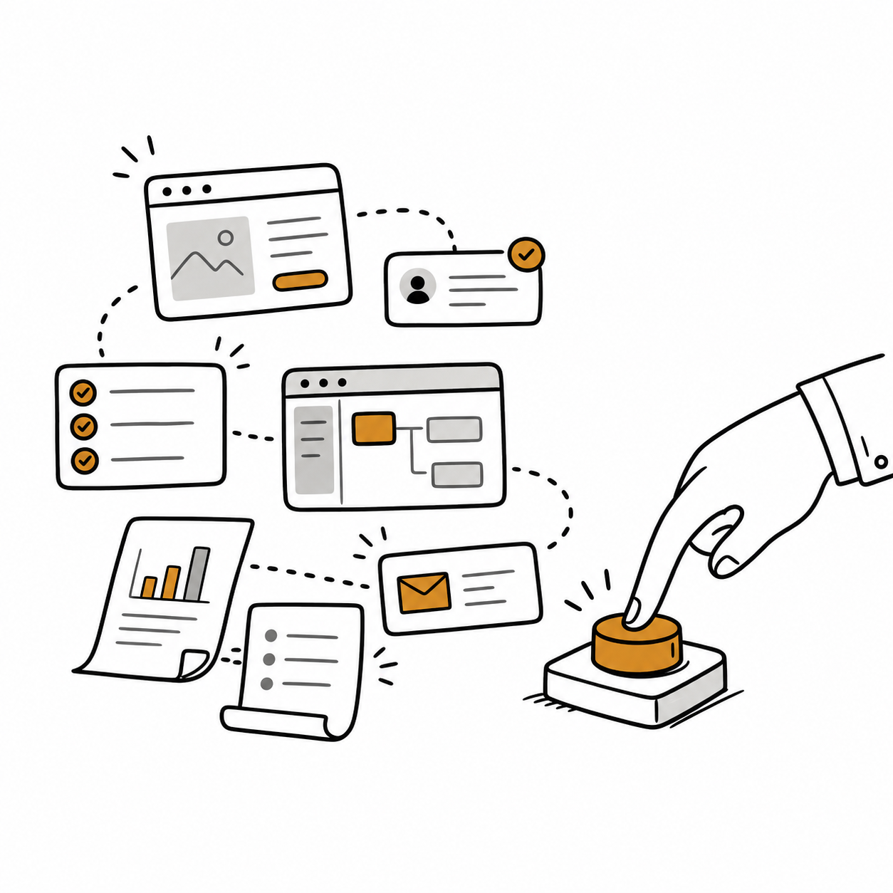 Illustration of a hand pressing a button to start business automations