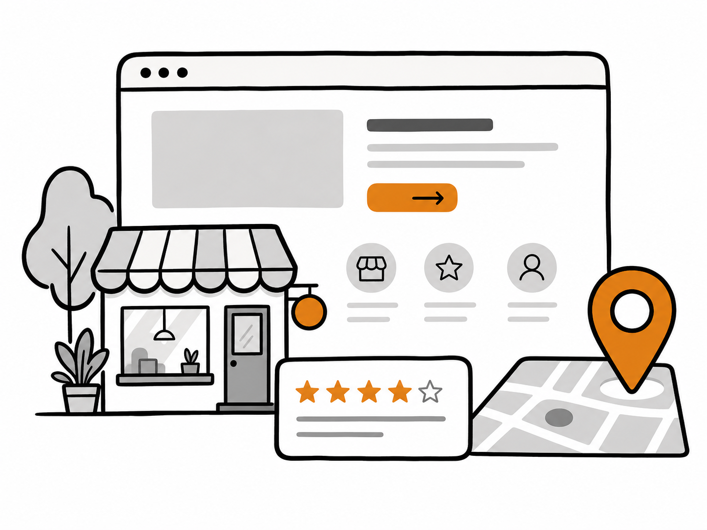 Ilustración de una web de negocio local con ubicación, reseñas y contacto en móvil.
