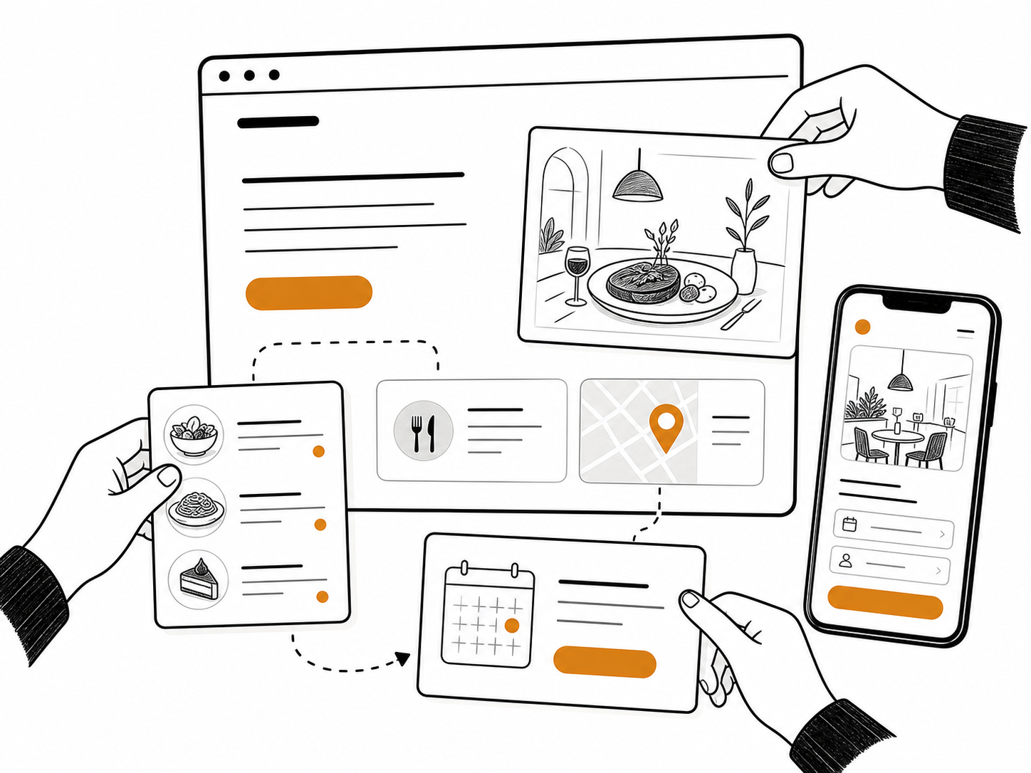 Ilustración de una web de restaurante con carta, botón de reserva, ubicación y pantalla móvil de reserva.