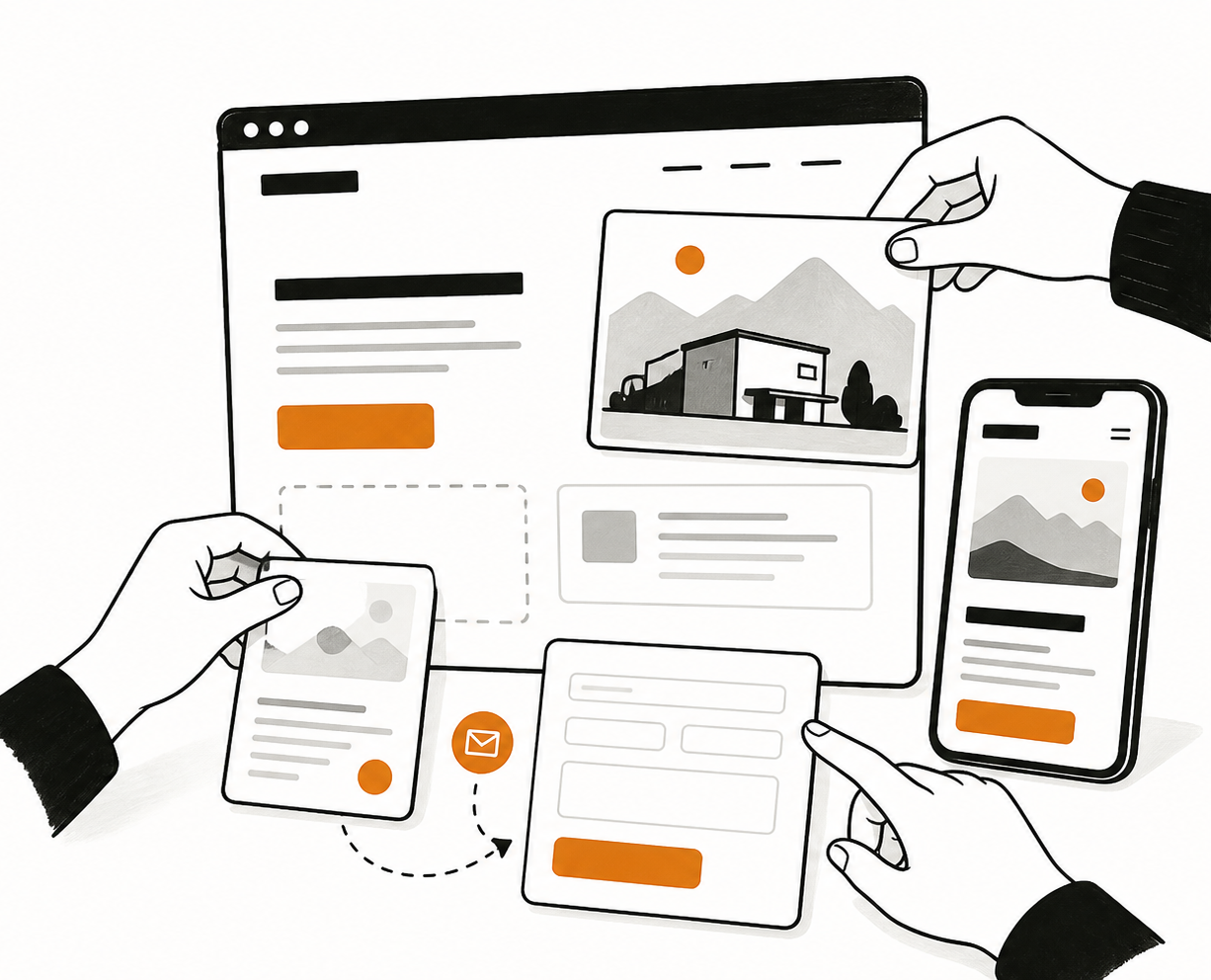 Illustration of hands arranging website pages, a mobile screen, and contact form elements