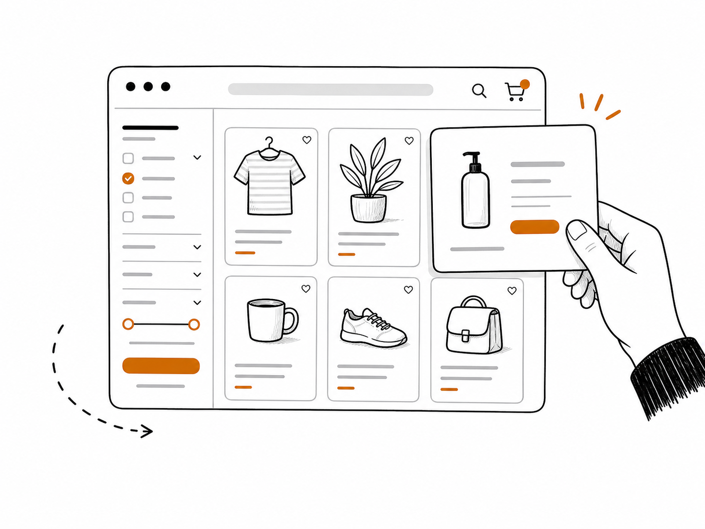 Illustration of an online store catalogue with product cards, filters, and a selected product.