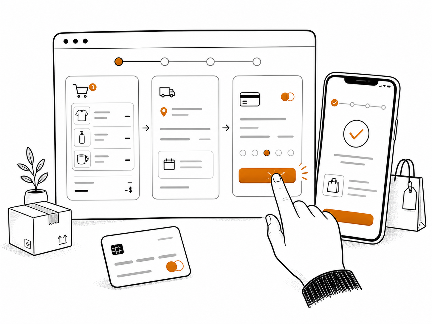Illustration of an online store checkout with a basket, shipping step, and payment confirmation.