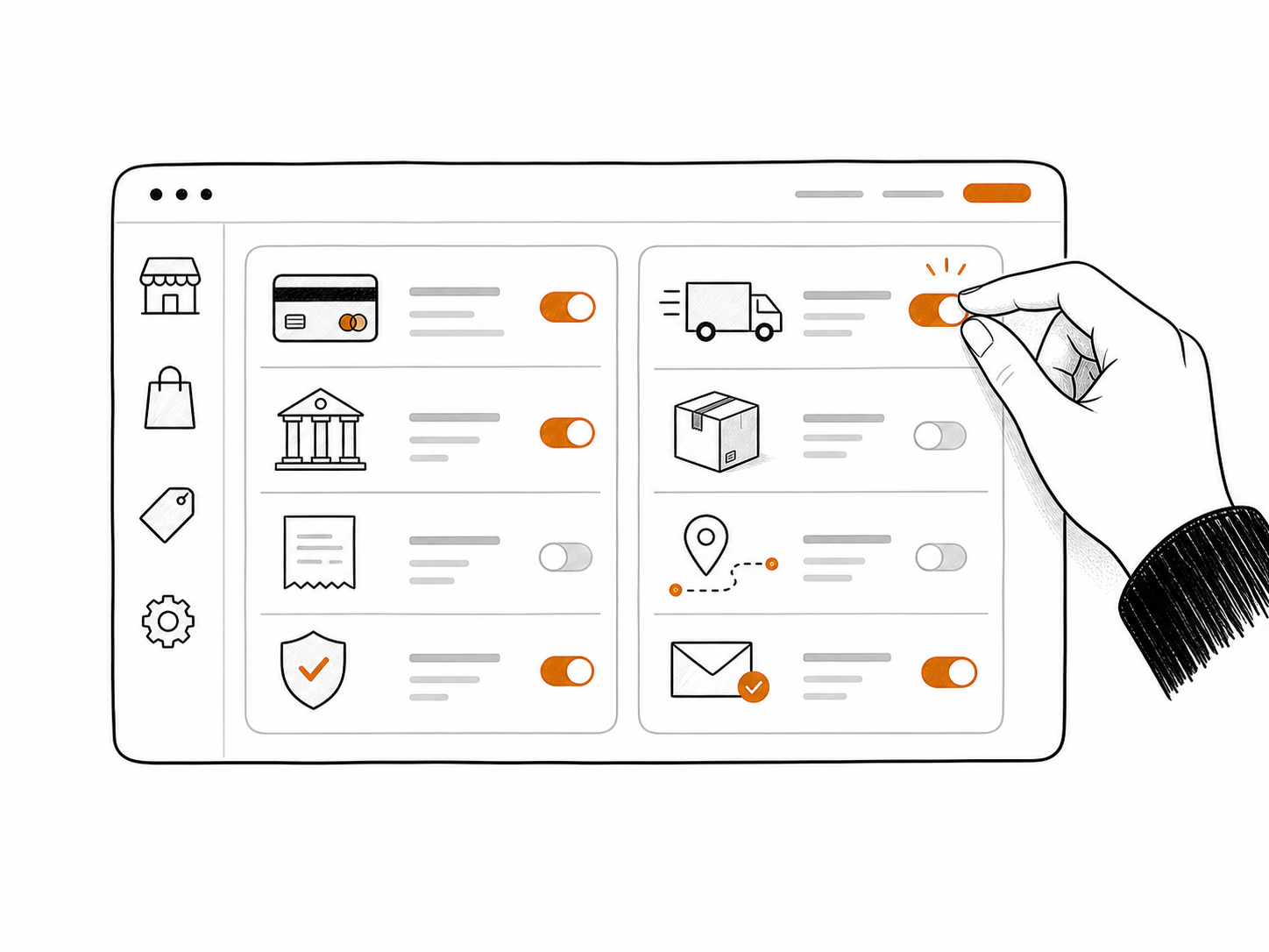 Illustration of payment and delivery settings for an online store.