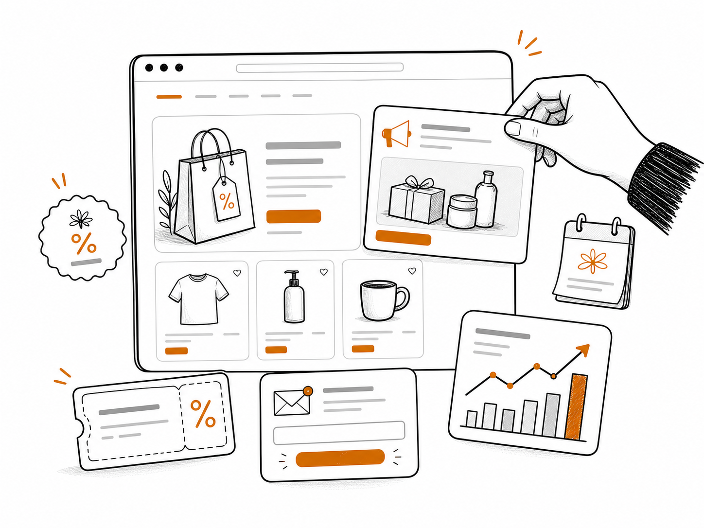 Illustration of an online store promotion page with discount, bundle, and email signup elements.
