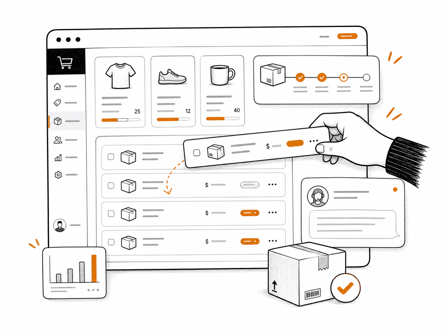 Illustration of stock and order management screens for an online store.