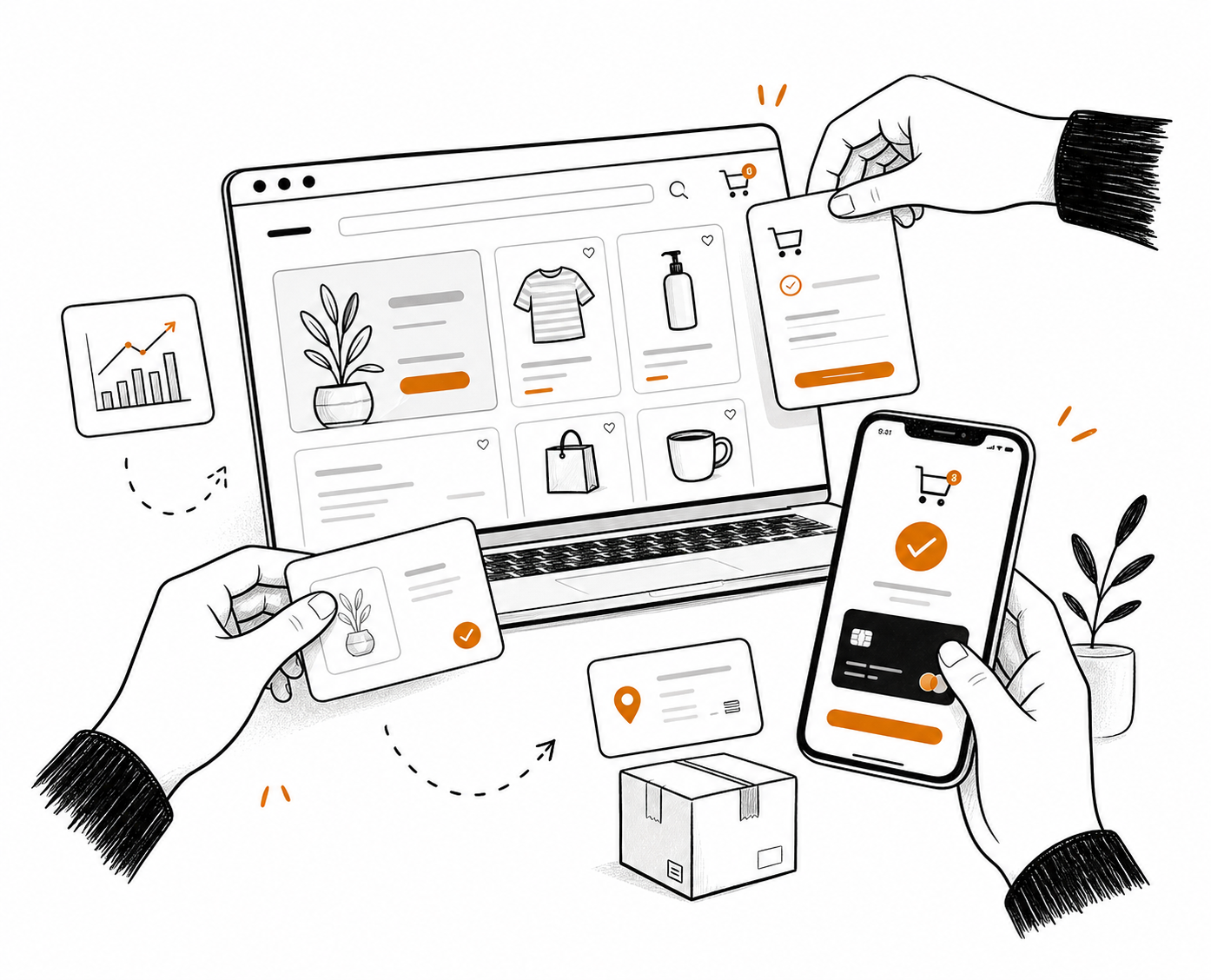Illustration of an online store with product cards, a mobile checkout, and a shopping cart